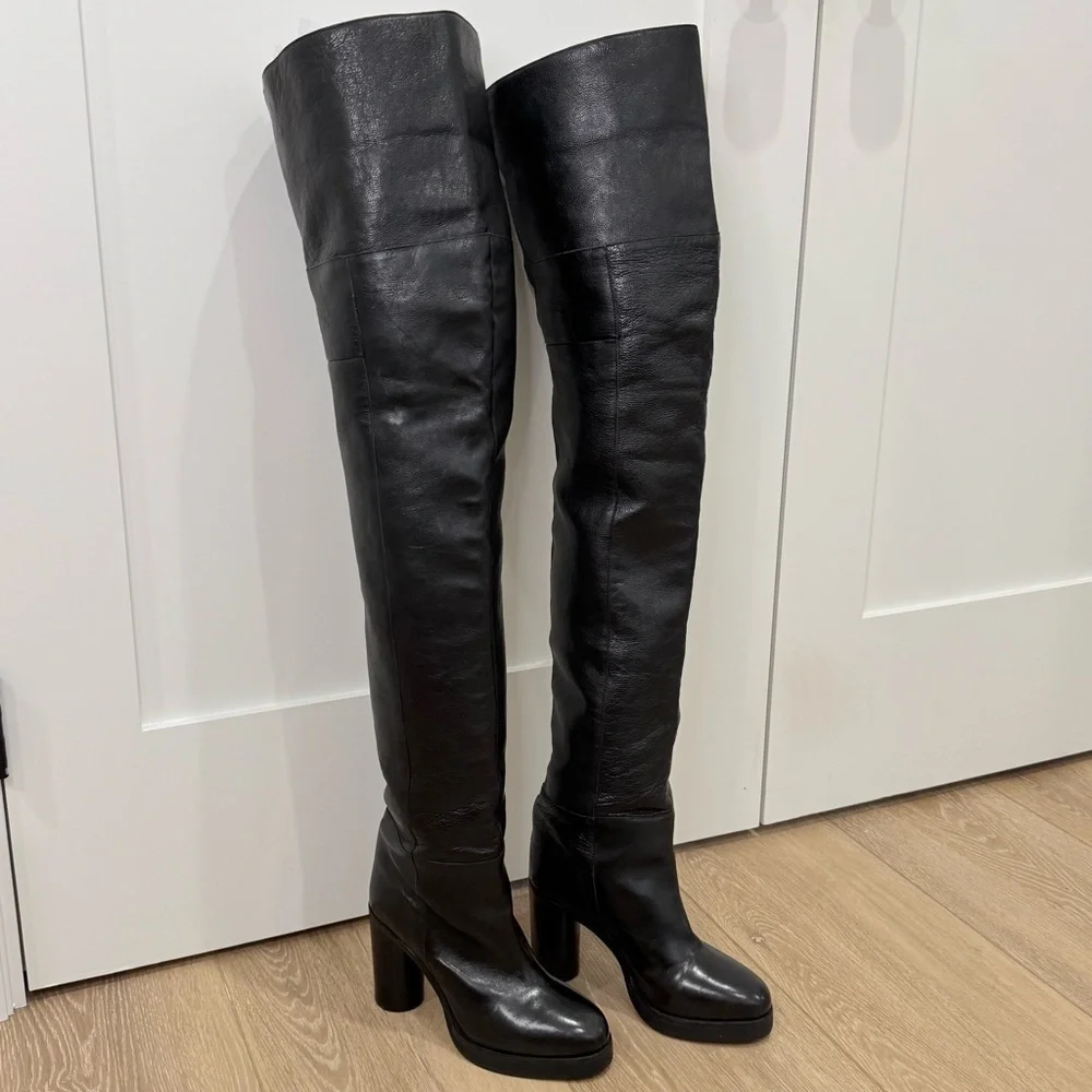 Isabel Marant Lurna Black Leather Thigh High Boots Size 37/7 Runway Statement